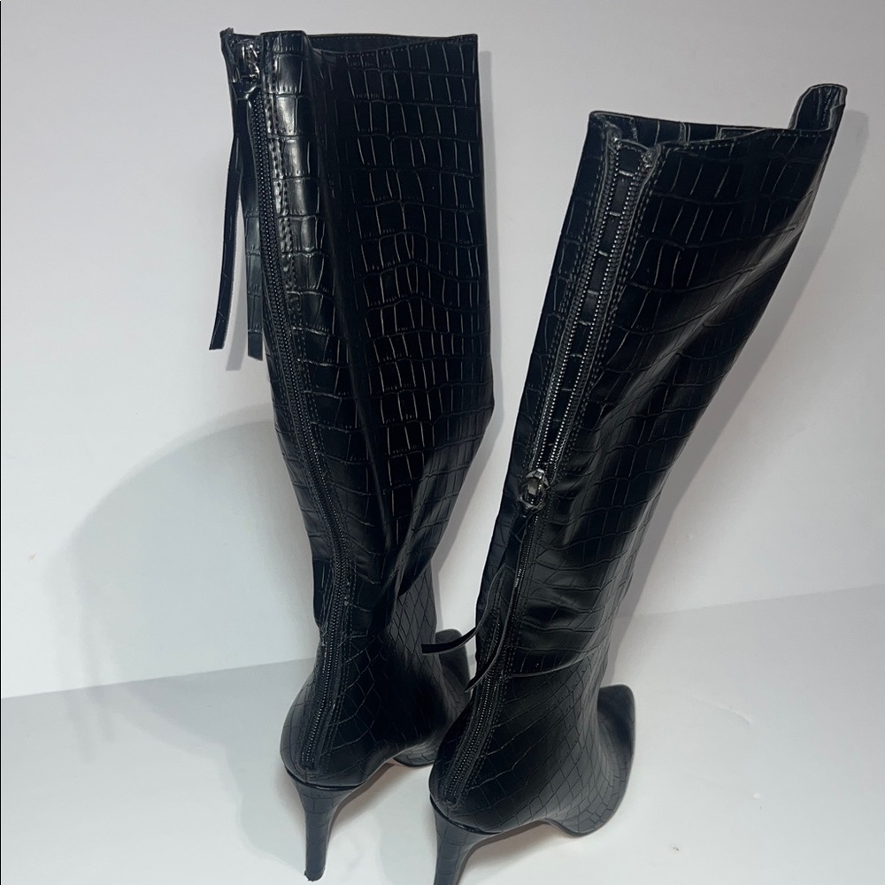 Fashion Nova Black Croc-Embossed Heeled Boots - Picture 3 of 8